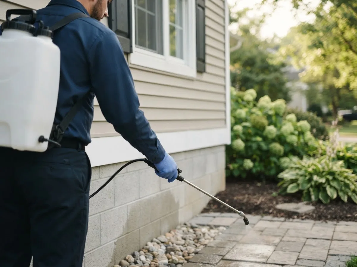 Pest control technician inspecting a home in Lane, OK